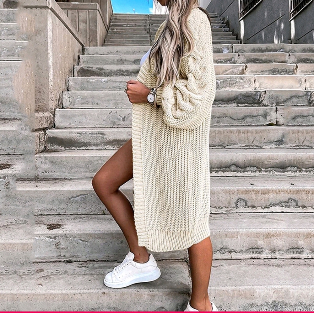 New Biege Midi Knit Chunky Sleeved Cardigan Sweater Size L - Picture 2 of 4